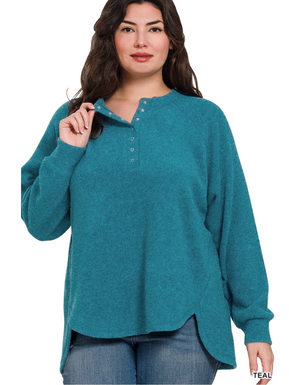 Zenana Teal Hacci Cozy Soft Henley Long Sleeve Top